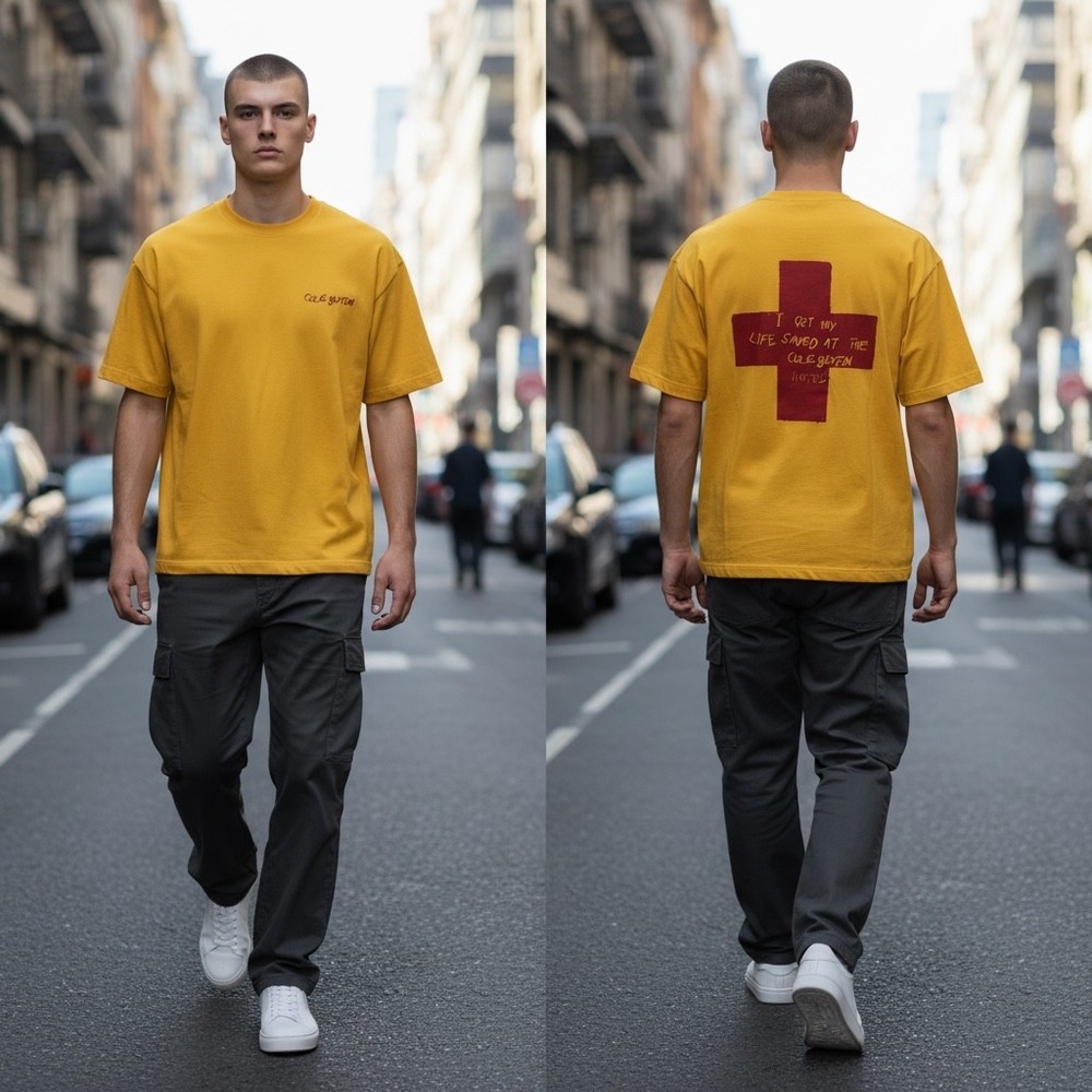 Cole Buxton Hotel Graphic T-Shirt Yellow Mens Medium Boxy Fit Made in Portugal